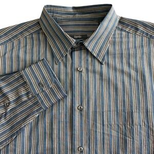 Zanella Button Down Dress Shirt Mens XL Blue Brown Stripe Cotton Made in Italy